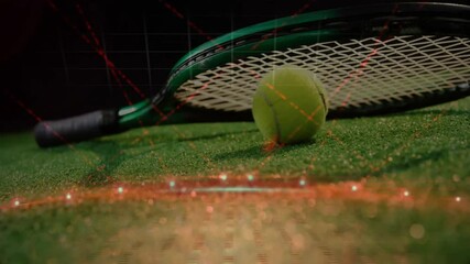 Poster - Tennis racket and ball being rendered in 3D on green turf, featuring red digital grid overlay