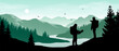 © Jan - Beautiful realistic widescreen vector with hikers looking at river winding in green forested mountain landscape.