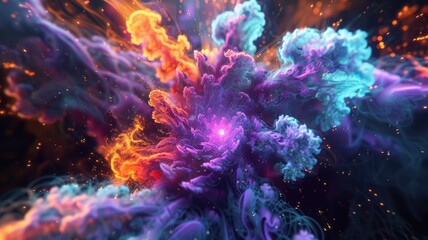 Poster - Abstract light patterns with neon colors. Dynamic and futuristic digital art. Abstract artwork of gradient vibrant color of cloud or smoke texture. Background for wallpaper, banner, and print. AIG53.