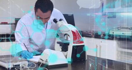 Poster - Image of scientific data over caucasian male worker using microscope