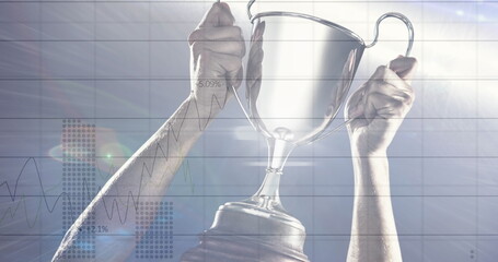 Poster - Image of data processing over caucasian sportsman holding cup