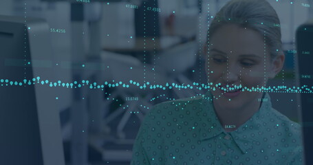 Aufkleber - Statistical data processing against caucasian woman smiling while working at office