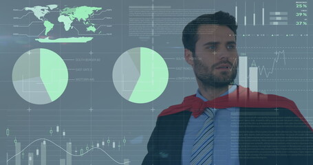 Poster - Statistical data processing over caucasian businessman in superhero costume against grey background