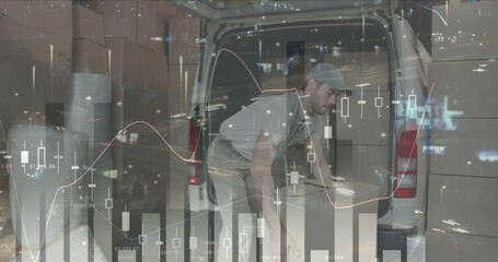 Poster - Image of financial graphs over caucasian male courier with packages