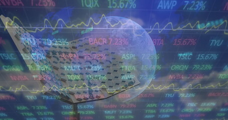 Poster - Image of financial data processing over globe and solar panel