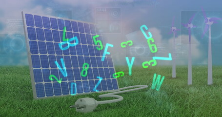 Poster - Image of data processing and letters over wind turbines and solar panel