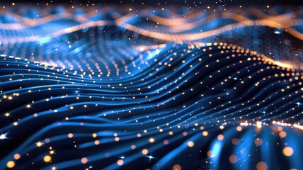 Poster - Abstract glowing wireframe waves on a dark background. Digital art for design of global connection with glowing vibrant color dot and line connecting together. Global communication. Innovation. AIG53.