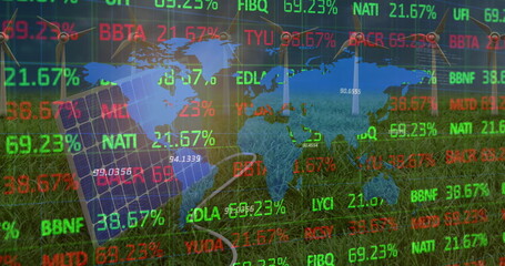 Poster - Image of financial data processing and world map over wind turbines and solar panel