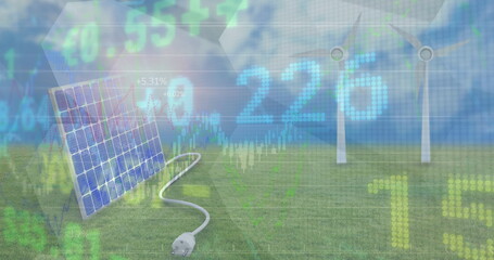 Poster - Image of financial data processing over wind turbines and solar panel