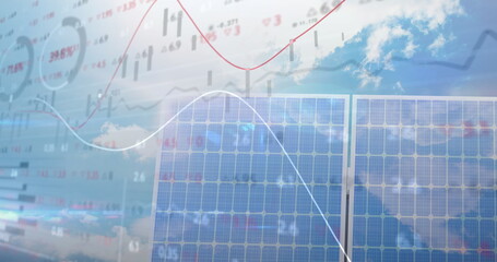 Poster - Image of financial data processing over solar panel