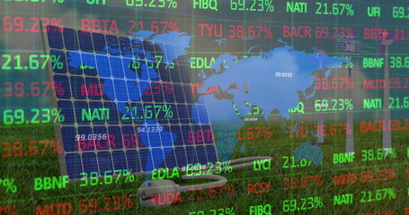 Poster - Image of financial data processing and world map over wind turbines and solar panel