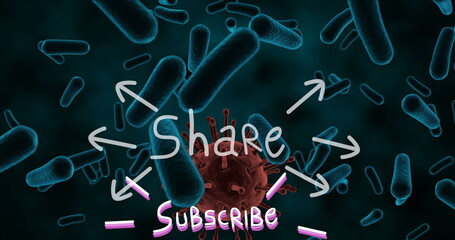 Poster - Share subscribe text over covid-19 cell and blood vessels floating against blue background