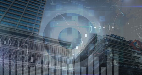 Poster - Image of financial data processing and scope scanning over cityscape