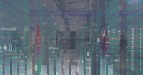 Poster - Image of financial data processing and server room over cityscape