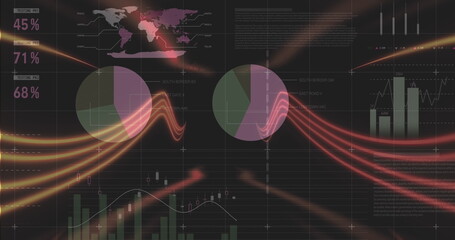 Poster - Image of neon shapes over data processing on black background