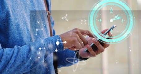 Poster - Image of clock moving over biracial businessman using smartphone
