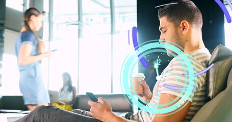 Poster - Image of clock moving over biracial businessman using smartphone