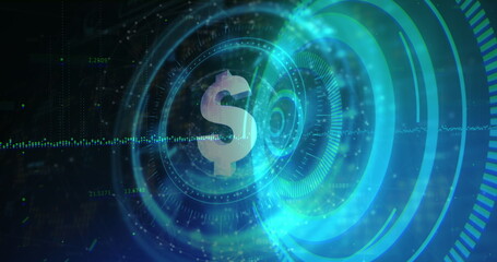 Poster - Dollar symbol spinning over neon blue round scanner against black background
