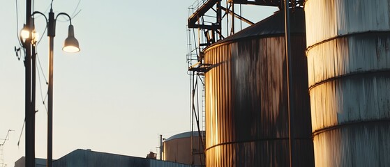 Poster - A tall cylindrical grain silo stands in a rural landscape surrounded by street lamps that illuminate the scene with a contemporary cinematic effect during the day