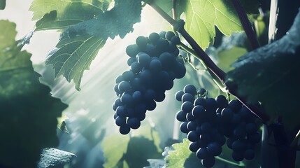 Poster - Cluster of dark ripe grapes hanging from a lush green vine with large vibrant leaves in a picturesque vineyard setting highlighted by contemporary cinematic lighting and shadows
