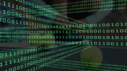 Poster - tech designer working at office desk, analyzing floating green binary code over yellow green ball