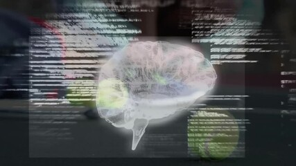 Poster - Floating 3D brain model overlaying flowing code lines in tech while tennis ball resting on desk