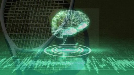 Poster - Holographic brain animating above circular interface featuring tennis racket leaning and data grid