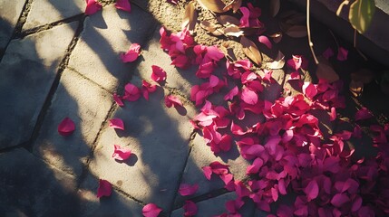 Poster - vibrant pink bougainvillea petals scattered across a patch of dirt and clay tiles surrounded by drie