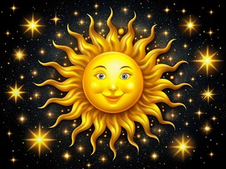 Wall Mural - Happy Sun in Night Sky: Celestial Smiling Starry Landscape