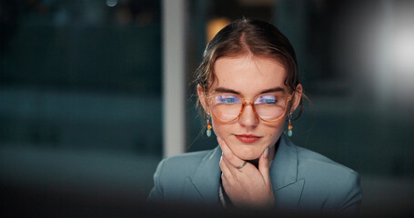 Aufkleber - Glasses, thinking or businesswoman with computer, review or news for deadline or funding solution. Bookkeeping, ideas or financial advisor on technology in night for accounting research or overtime