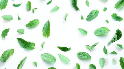 Poster - Tropical leaves frame with mint green with white background. Macro photography of green leaves placed on white background with various pattern. Digital image for botanical and summer design. AIG51.