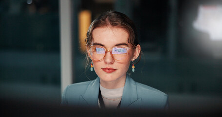 Poster - Night, glasses or business woman with computer, review and news for funding research. Bookkeeping, auditor or financial advisor on technology in office for accounting deadline, investment or overtime