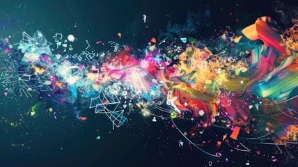 Poster - Abstract explosion with bright particles and dynamic motion. Digital art for design with vibrant color pigment explosion scene with black background. Vibrant colors and energetic elements. AIG53.