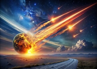 Wall Mural - Hyperrealistic Meteorite Explosion: Fiery Trails & Debris, High-Resolution Stock Photo