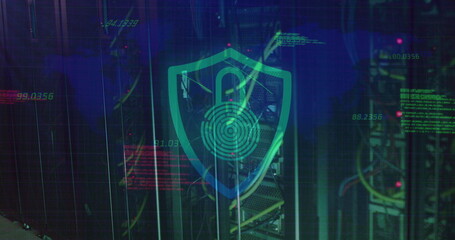 Poster - Numbers floating over security padlock and shield icon against close up of a computer server