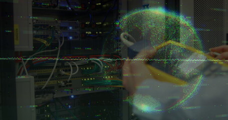Poster - data processing and globe against mid section of a engineer at computer server room