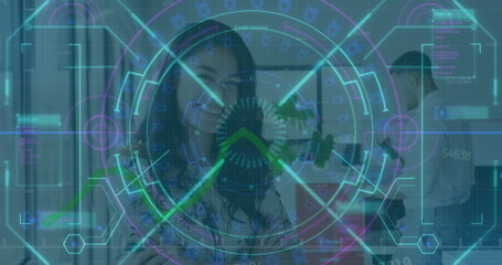 Poster - Image of data processing and scope scanning over diverse business people