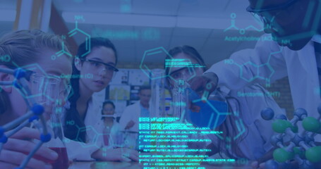 Poster - Image of data processing and chemical formula over diverse schoolchildren and teacher