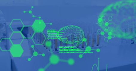 Poster - Image of data processing and chemical formula over test tubes in lab