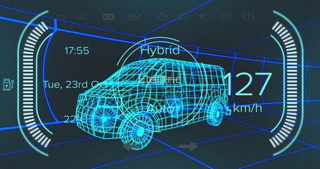 Poster - Image of car interface over digital van model on black background