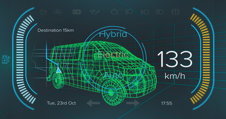 Poster - Image of car interface over digital van model on black background