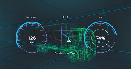 Poster - Image of car interface over digital lorry model on black background