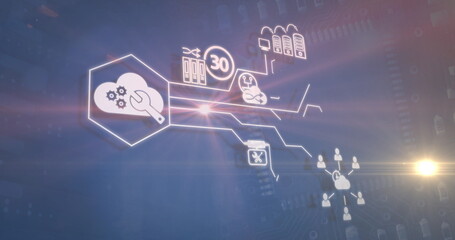 Poster - image of business icons and light spots over blue background