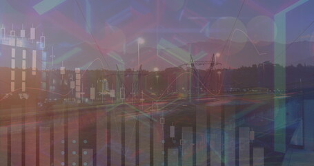 Poster - Image of data processing over cityscape and digital tunnel