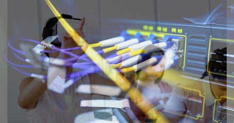 Poster - Image of server room over biracial girl using vr headset