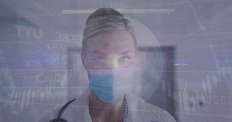 Poster - Image of data processing and globe over caucasian female doctor wearing face mask