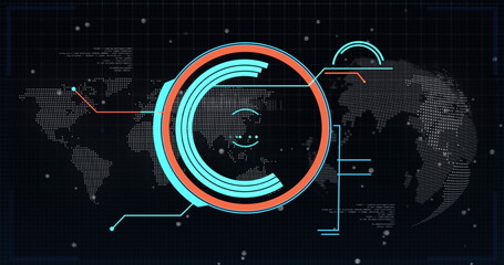Aufkleber - round scanner and data processing against world map and spinning globe on black background