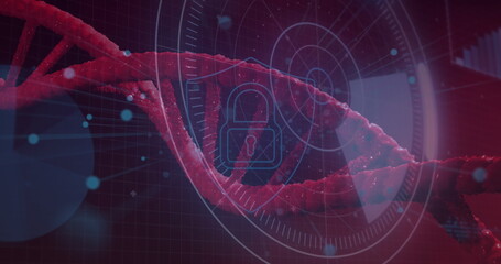 Poster - Round scanner and security padlock and shield icon against spinning dna structure