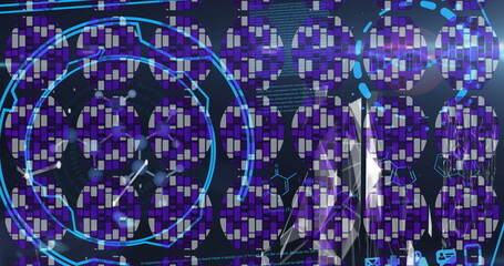 Poster - blue abstract circular shape over digital interface with data processing on blue background