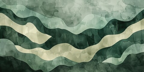 Poster - Abstract flowing green and beige waves on a light background. Digital artwork of wavy pattern with green and while color. Fluid, liquid and wavy concept. Watercolor green brushstroke pattern. AIG51.